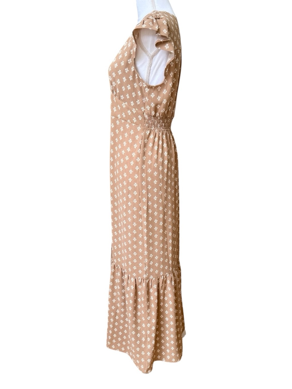 Monteau V-Neck Flutter Sleeves Tan Floral Patterned Maxi Dress Size L Like New - Picture 4 of 11